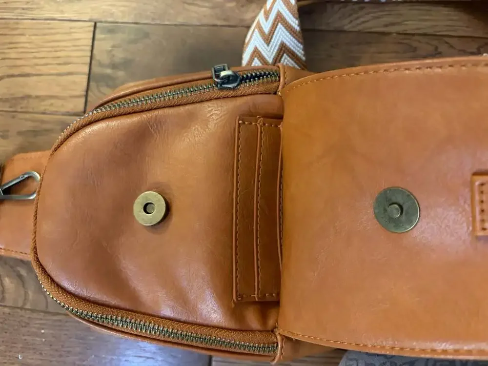 Vegan Faux Leather Sling Crossbody Bag with Geometric Pattern Strap